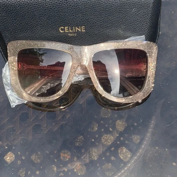 CELINE GLITTER FRAME NUETRAL SUNGLASSES, CASE, CLEANING CLOTH & CARE BOOKLET NWT Celine Universal Black Medium Soft Case for Sunglasses  main image 4
